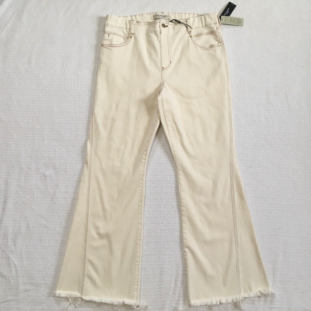 Liverpool‎ LA Flare Jeans Sz 16/33 Gia Glider Boho Coastal Cream Pull On Raw Hem